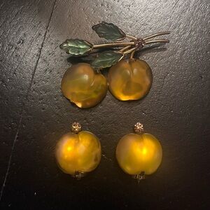 Vintage Austria Fruit Brooch and Earring Set Yellow Apple